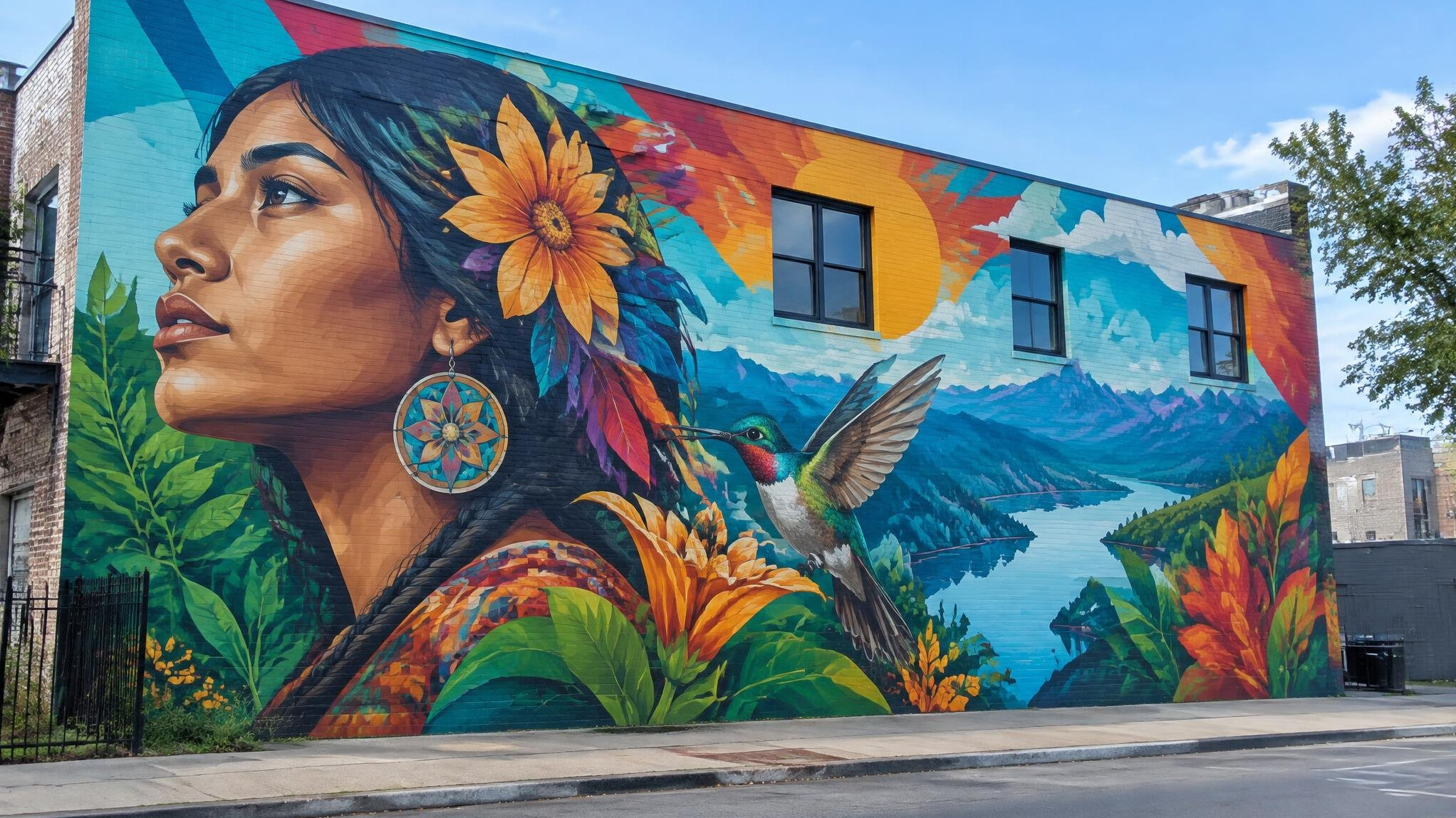 Colorful street art mural covering the side of a building