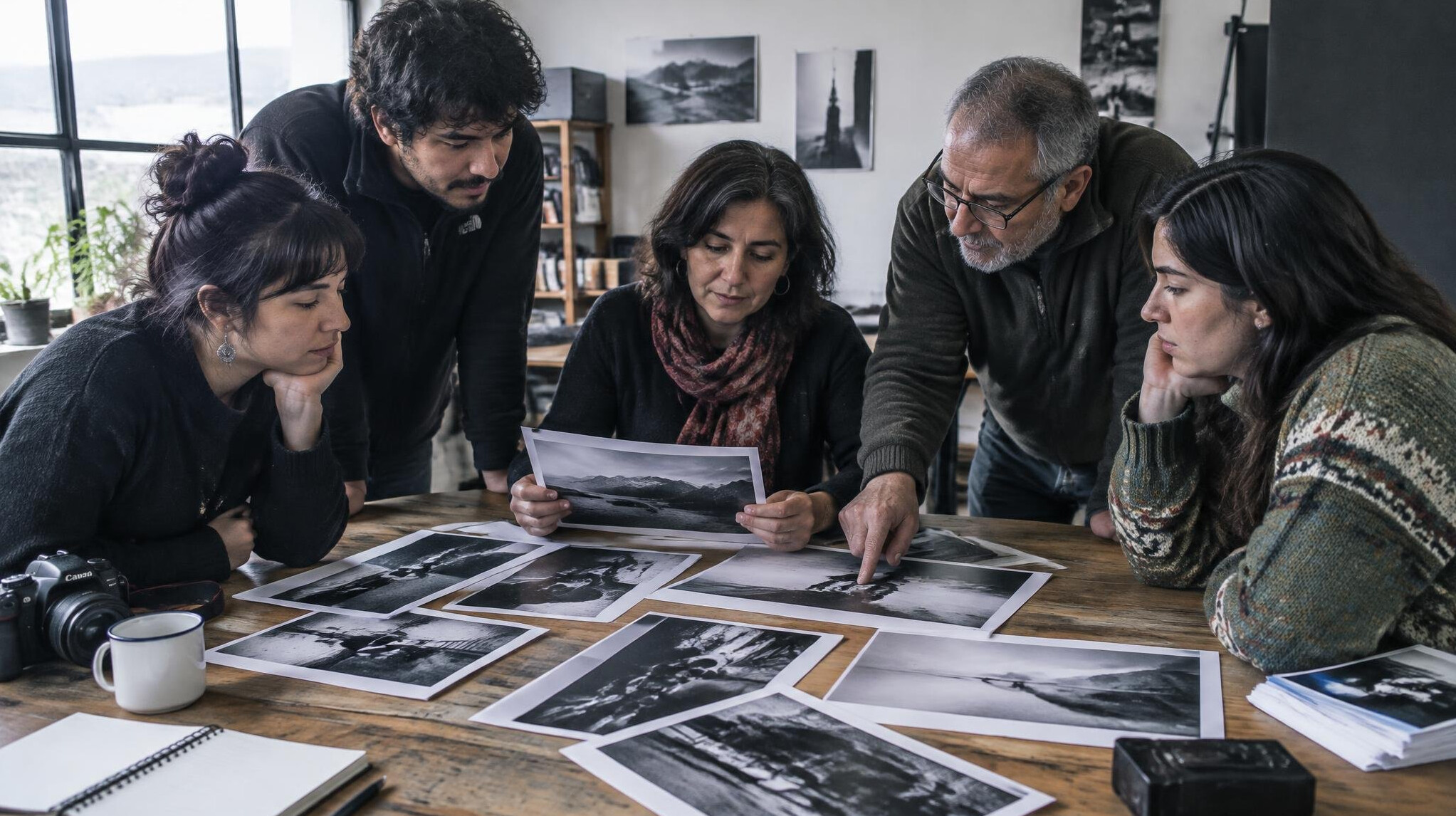 Group of photographers reviewing printed photographs together on a table