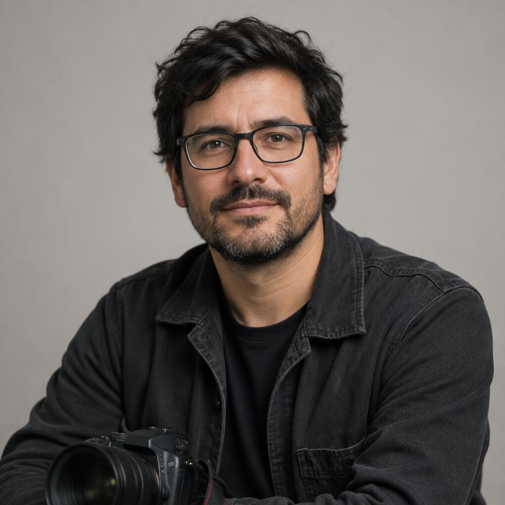 Studio portrait of a man with glasses who leads a photography project